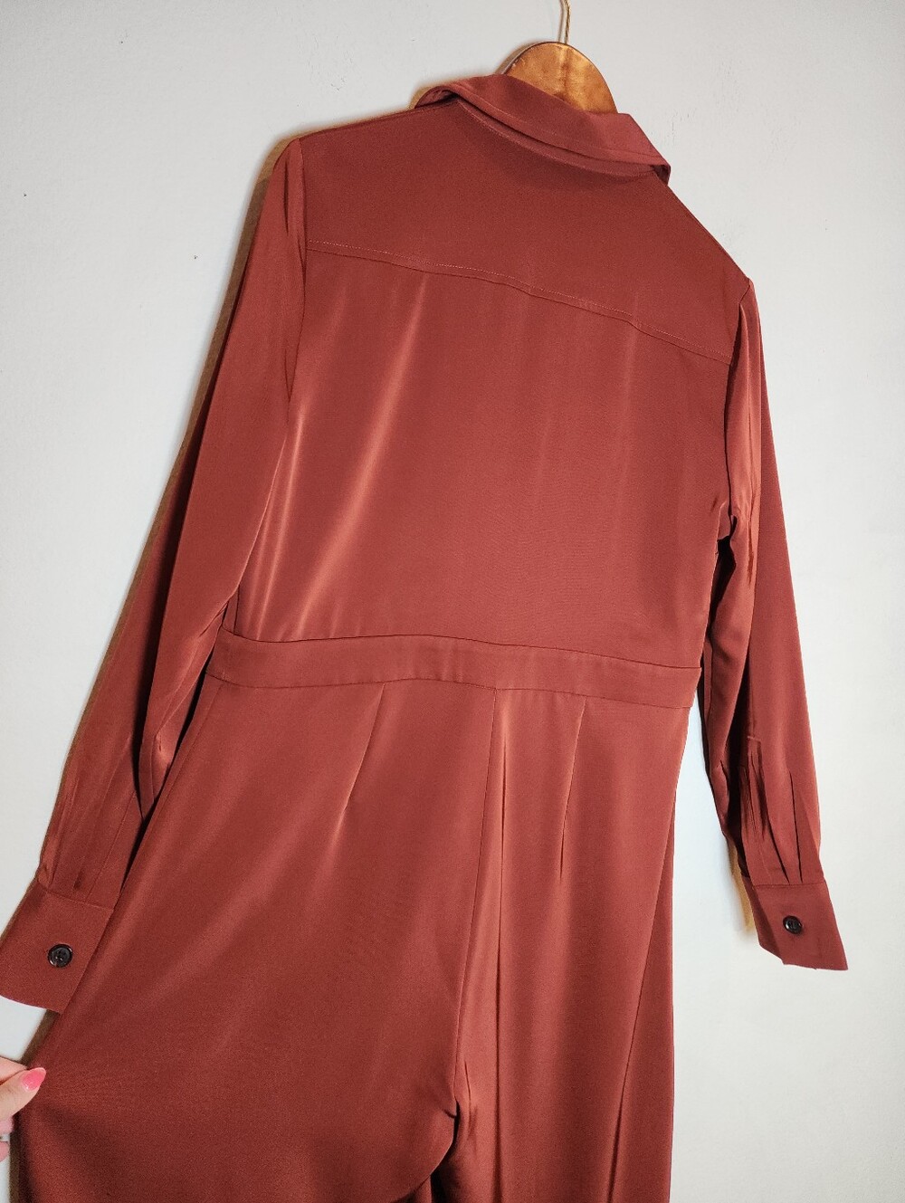 NWT Banana Republic Long Sleeve Wide Leg Trouser Satin Jumpsuit Burnt Caramel 8 - Picture 12 of 16